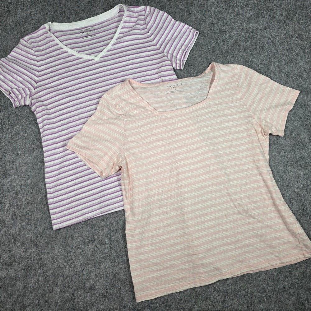 Lot 2 Talbots Striped Tees Purple Pink Short Sleeve Top Square Neck Large Petite